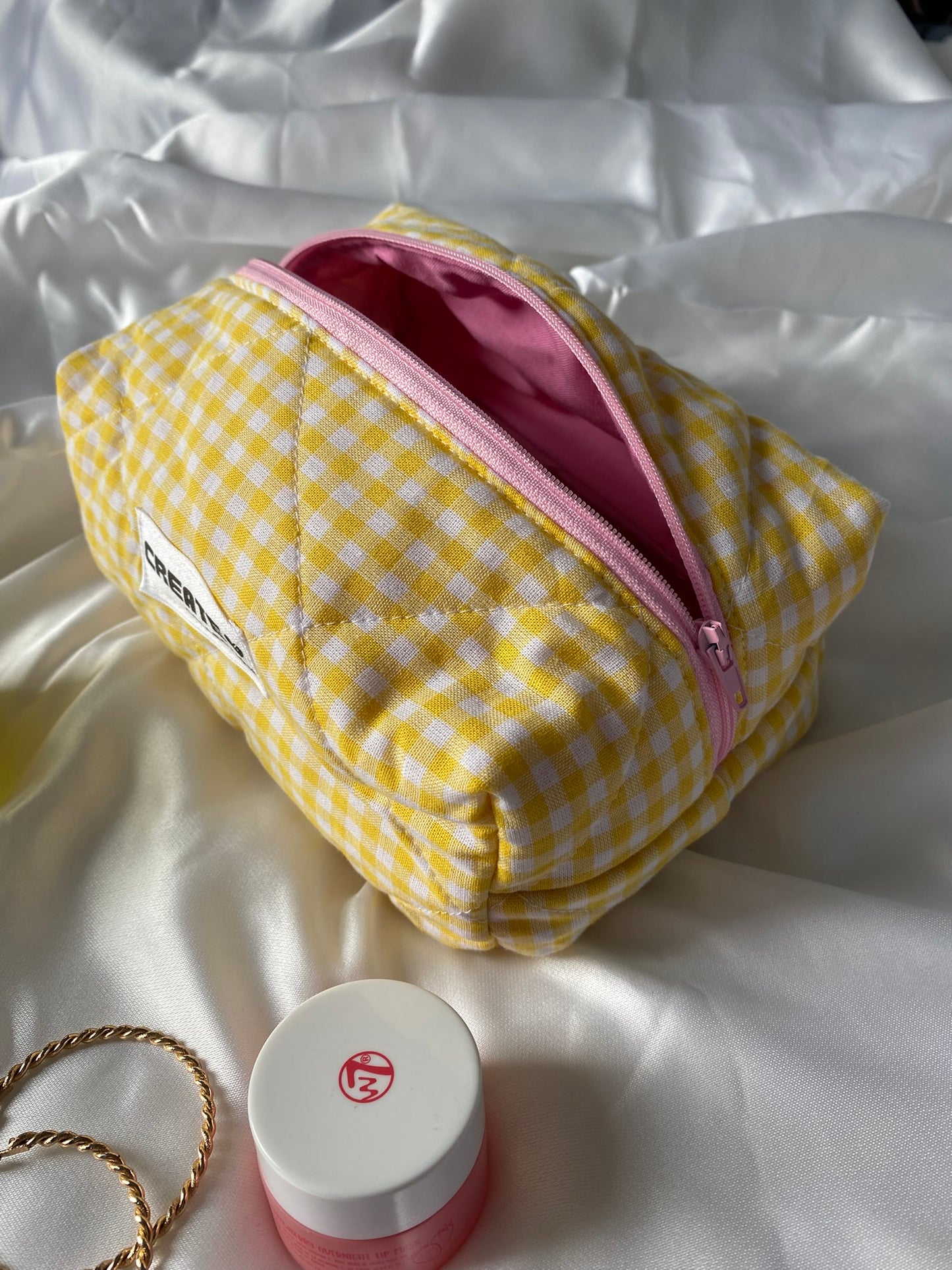 Trousse vichy jaune et rose